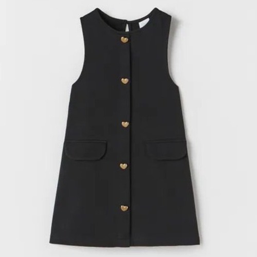 Zara Kids Girls Black Heart Button Pinafore Dress | Size 9Y